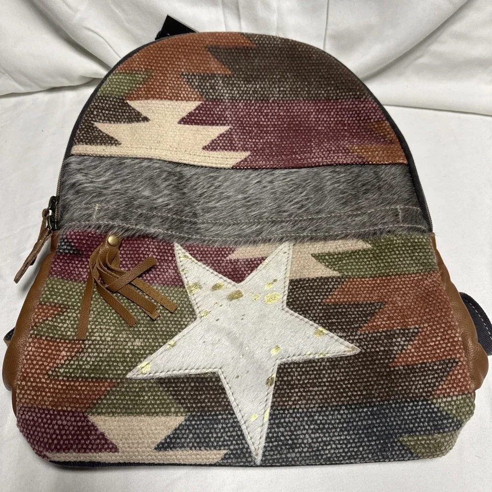 Myra Bag Multi-Colored Canvas Cowhide Leather Backpack Purse W/Adjustable Straps